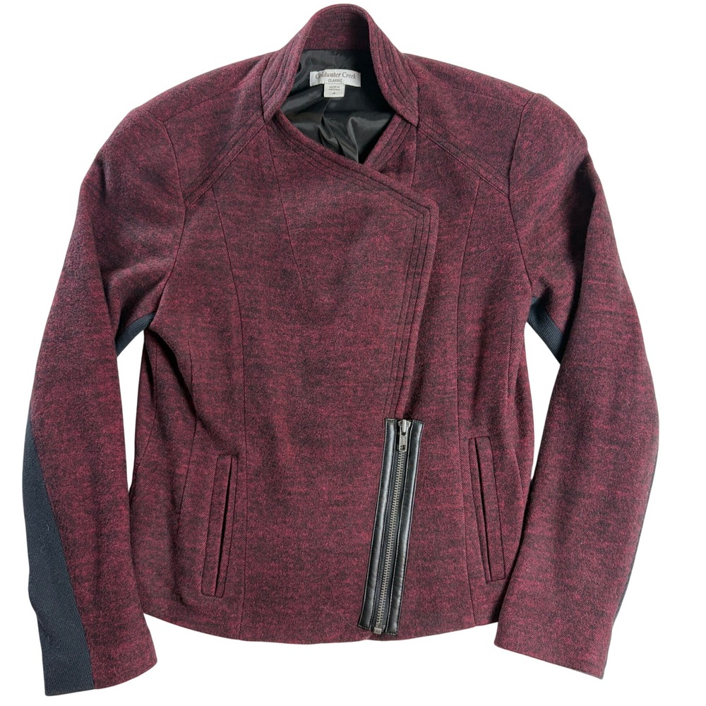 Coldwater Creek Womens 4 Burgundy Marled Knit Moto Jacket Asym Zip Wool Blend